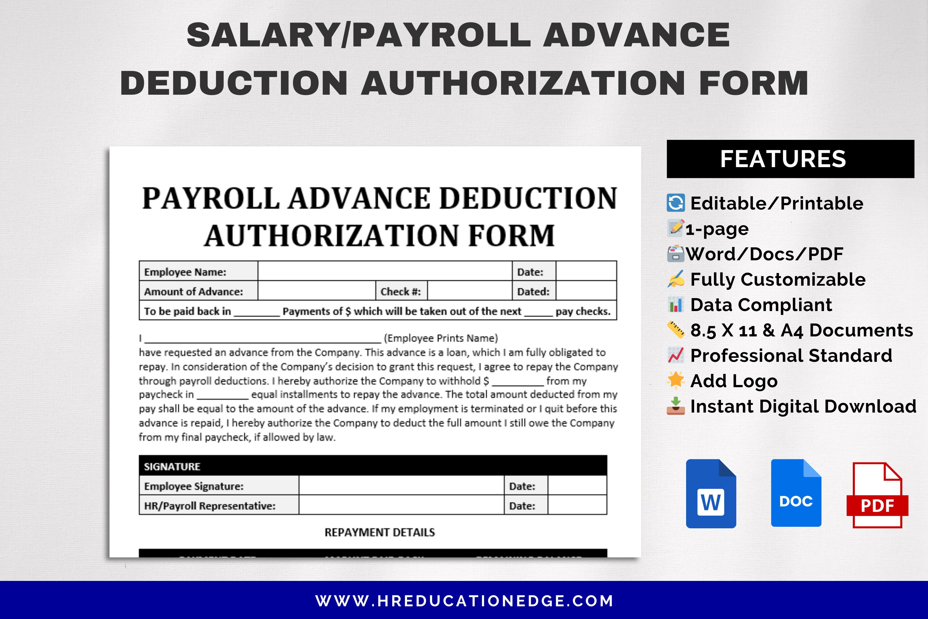 Employee Payroll Advance Authorization Form, Salary Loan Deduction ...