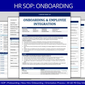 Op de afbeelding: Een stapel van zes documenten, met als centrale titel "ONBOARDING & EMPLOYEE INTEGRATION". De afbeelding is getiteld "HR SOP: ONBOARDING" in blauw. De onderkant van de afbeelding luidt "6-Page SOP | Preboarding | New Hire Onboarding | Orientation Process | 30-60-90 Day Integration."
