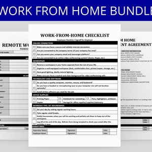 May include: A black and white printable checklist for working from home. The checklist includes sections for online connection, workspace, technology and software, office supplies, and workday tips. The checklist is titled "Work-from-Home Checklist".