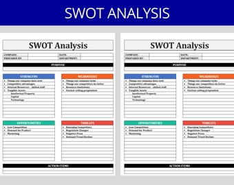 May include: A SWOT analysis template with four quadrants: Strengths, Weaknesses, Opportunities, and Threats. Each quadrant has a list of bullet points with examples of each category. The template also includes sections for company, prepared by, date, department, and purpose.