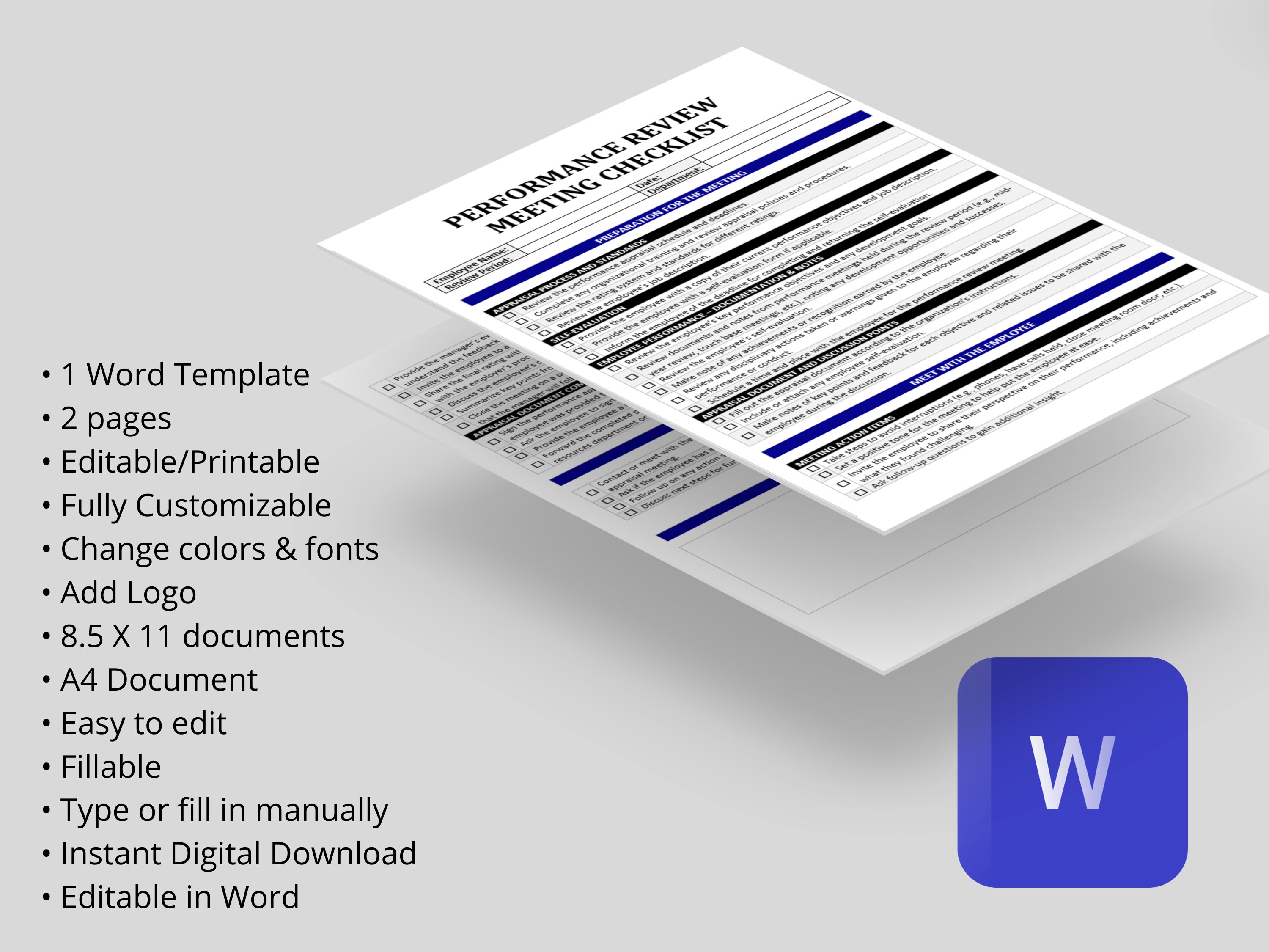 Performance Review Checklist: Employee Appraisal HR Template (editable ...