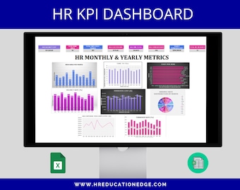 May include: A computer screen displaying an HR KPI dashboard with charts and graphs showing monthly and yearly metrics. The dashboard includes data on new hires, turnover rate, employee satisfaction, and more. The title of the dashboard is "HR KPI Dashboard".
