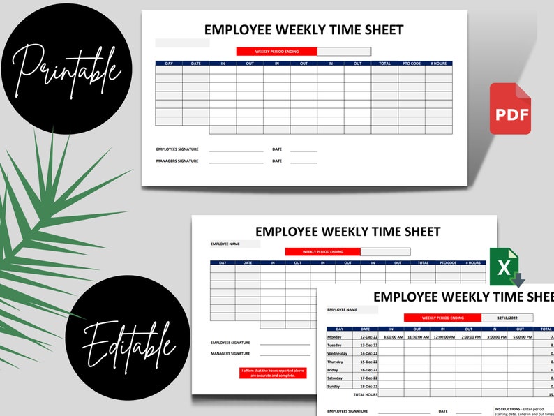 HR Timecard Editable Printable Excel Timesheet & Punch Log Etsy