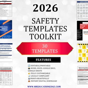 May include: A 2026 Safety Templates Toolkit featuring 30 templates for workplace health and safety. The document set includes various checklists, policies, and plans with text such as Health & Safety Program, Emergency Action Plan, and Safety Bingo.