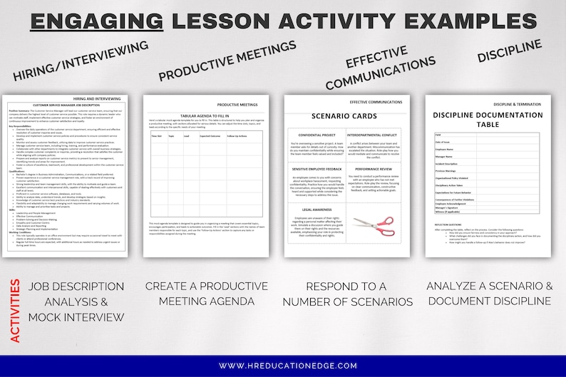 May include: A colorful infographic with the title "Engaging Lesson Activity Examples" and four sections: Hiring/Interviewing, Productive Meetings, Effective Communications, and Discipline. Each section has a title and a description of an activity related to the topic. The infographic is designed to help people learn about human resources.