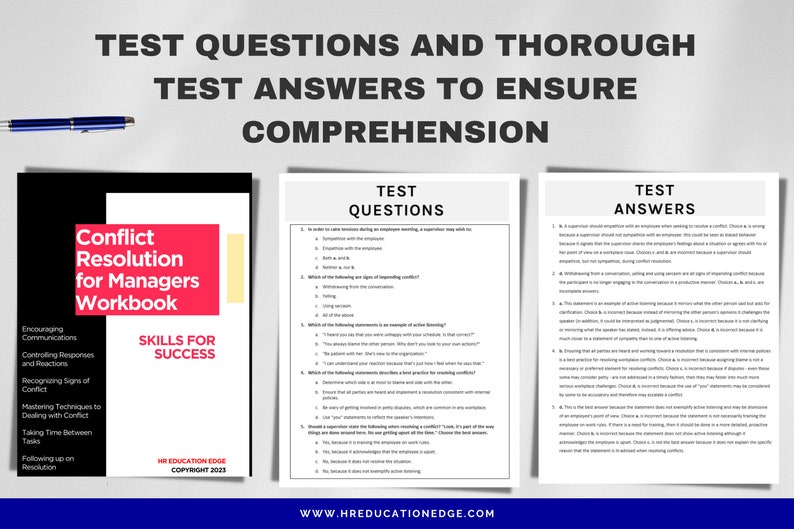May include: A red and white workbook titled "Conflict Resolution for Managers Workbook" with the text "Skills for Success" in a white box. The workbook includes topics such as encouraging communications, controlling responses and reactions, recognizing signs of conflict, mastering techniques to dealing with conflict, taking time between tasks, following up on resolution, and more.