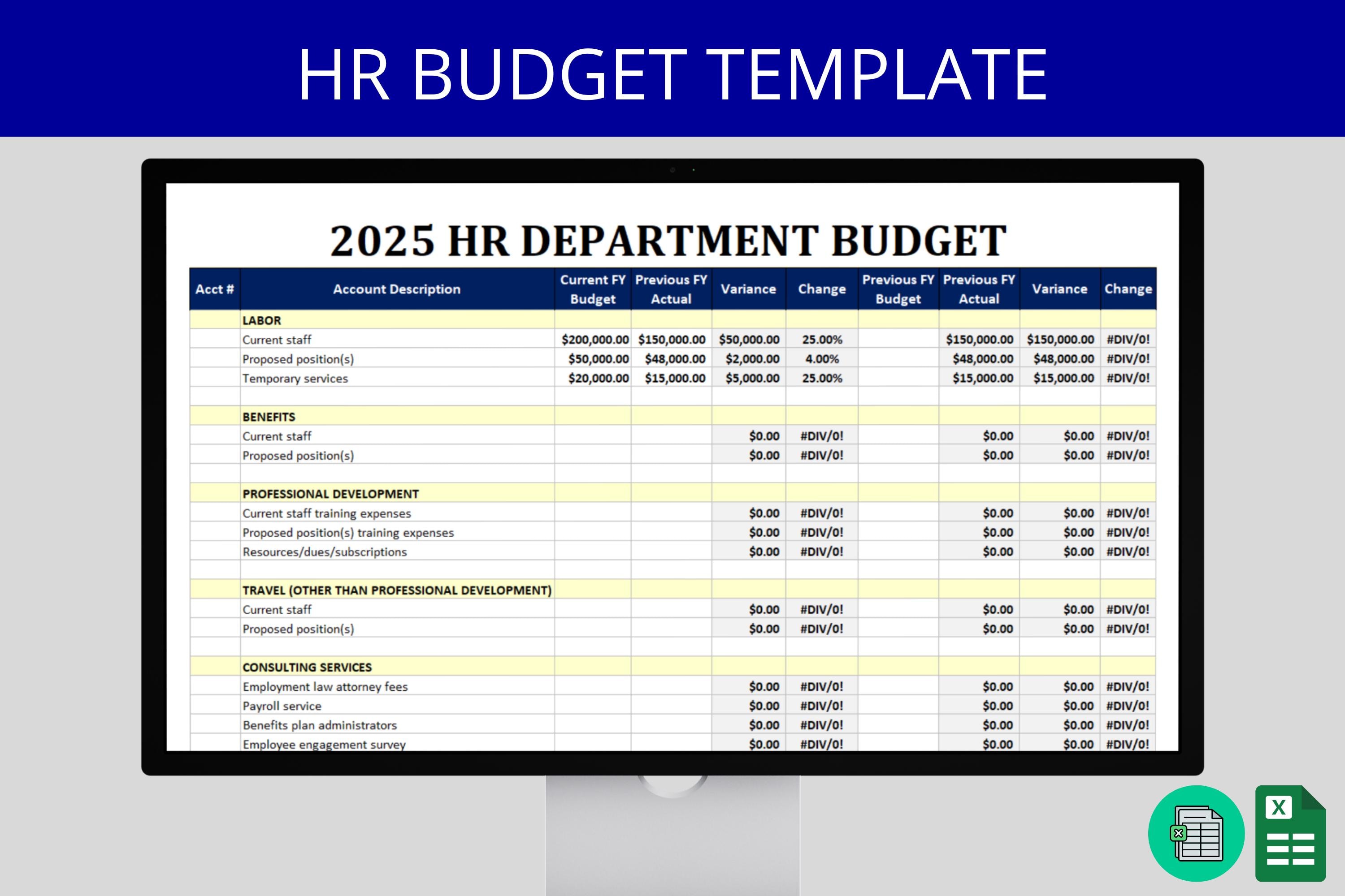 HR Budget Template 2025: HR Annual Budgeting Form editable within Excel & Google Sheets Human Resource Workforce Planning Yearly Spreadsheet