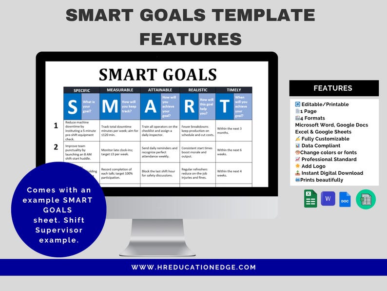 SMART Goals Template: Employee Performance Review Worksheet (PDF, Excel ...