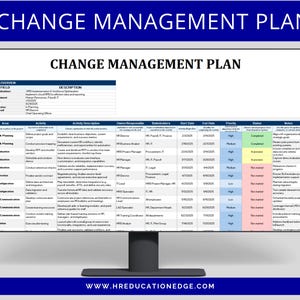 May include: A computer monitor shows a "Change Management Plan" document. The plan is a detailed spreadsheet with columns for areas, activities, owners, and dates. The document includes the text "www.hreduucationedge.com" at the bottom.