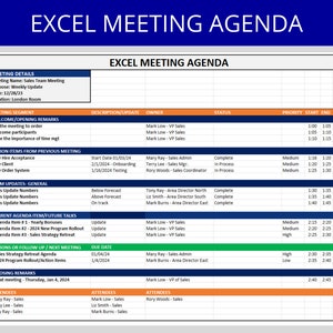 以下が含まれることがあります： 緑とオレンジのExcelスプレッドシートに、営業チームの会議議題が記載されています。議題には、歓迎の言葉、行動項目、チームの更新、現在の議題項目、行動やフォローアップ、締めくくりの言葉などが含まれています。スプレッドシートには、出席者のリストも含まれています。