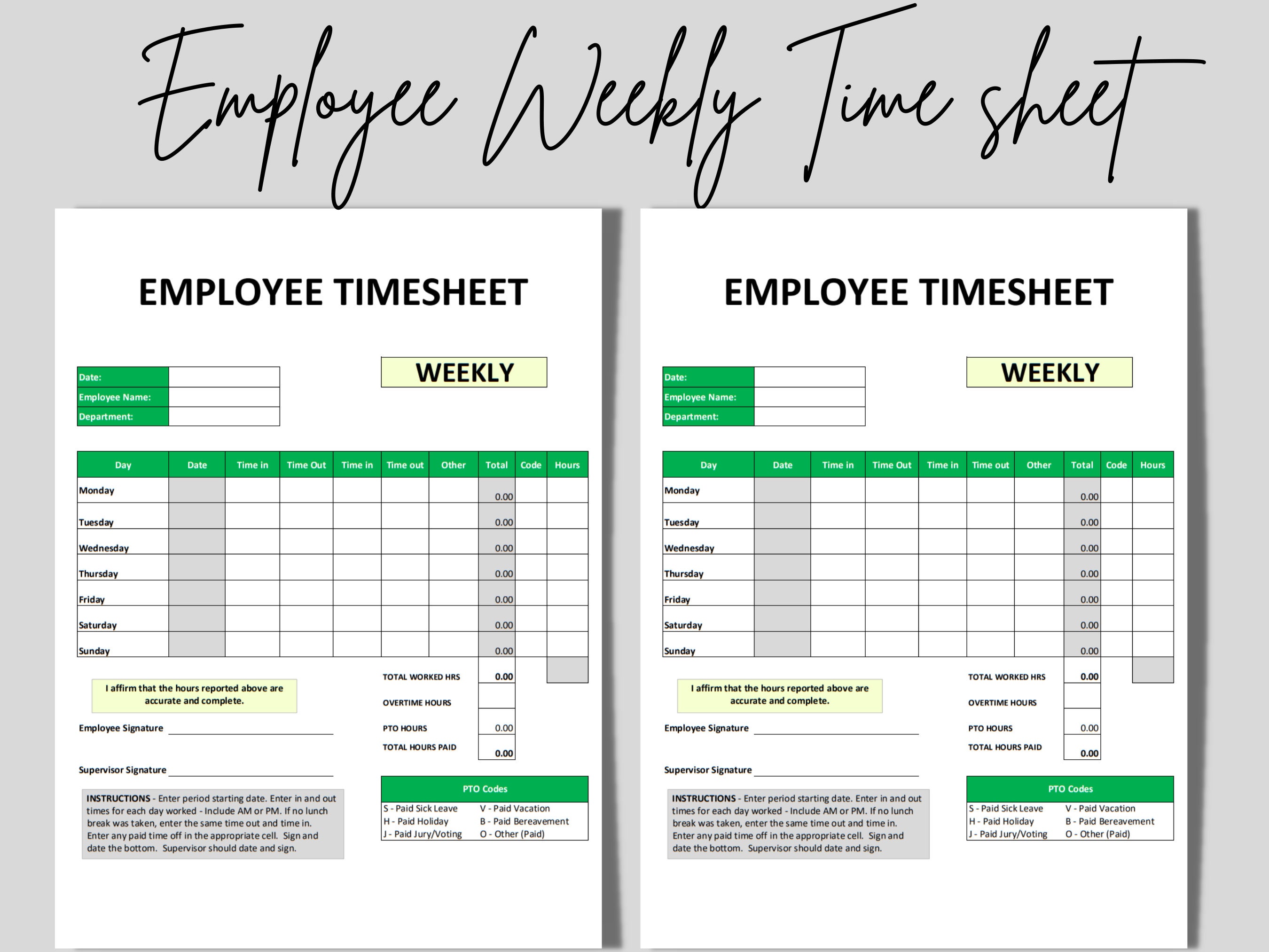 Weekly Time Sheet Template Editable Excel Employee Timesheet Etsy