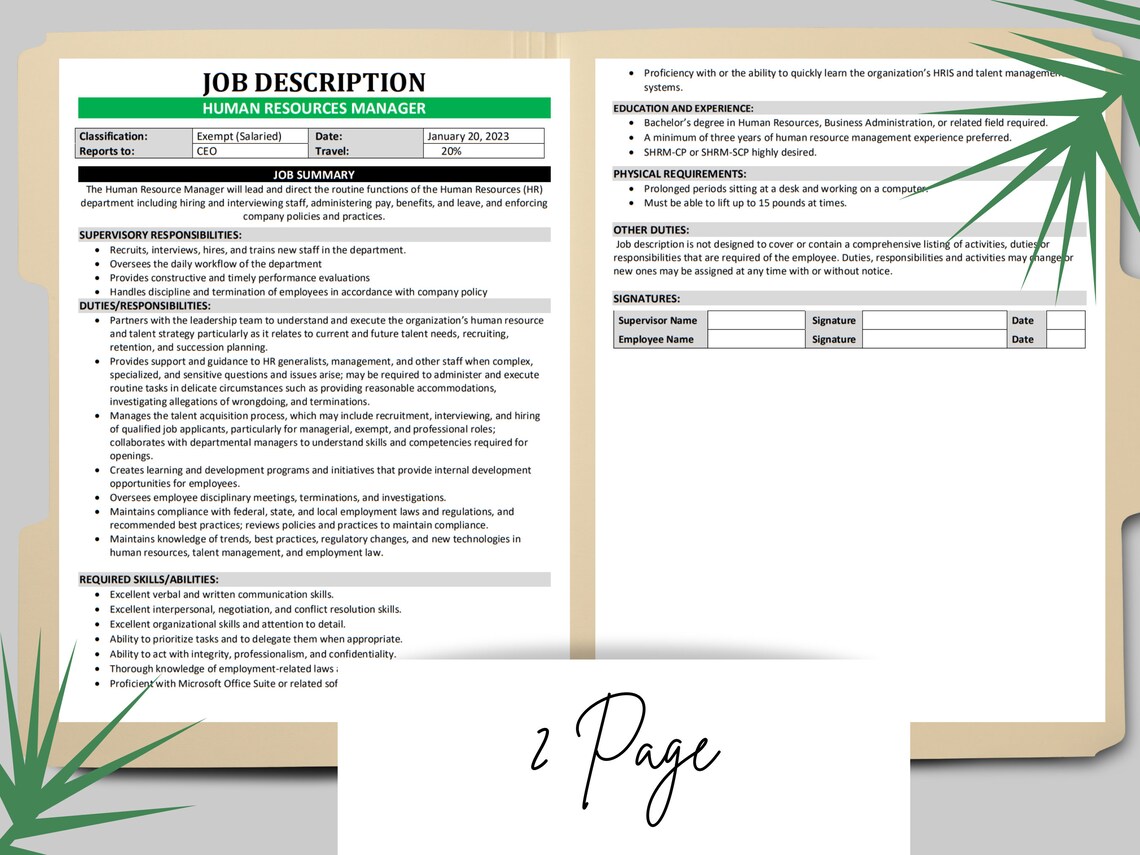 Human Resources Manager Job Description MS Editable Word Document HR