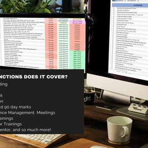 May include: A computer screen displaying a spreadsheet with a list of onboarding tasks and their due dates. The spreadsheet is divided into columns for action item, due date, and owner. The text "WHAT FUNCTIONS DOES IT COVER?" is displayed on a black background below the computer screen. The text below the question lists onboarding tasks such as pre-boarding, first day, first week, orientation, 30, 60, and 90 day marks, performance management meetings, safety trainings, supervisor trainings, buddy, mentor, and so much more.