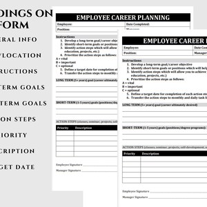 Puede incluir: Un formulario imprimible en blanco y negro para la planificaci&oacute;n profesional de los empleados. El formulario incluye secciones para informaci&oacute;n general, fecha y ubicaci&oacute;n, instrucciones, objetivos a largo plazo, objetivos a corto plazo, pasos de acci&oacute;n, prioridad, descripci&oacute;n y fecha objetivo. El formulario tambi&eacute;n incluye secciones para las firmas de los empleados y los gerentes.