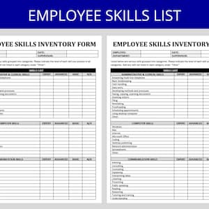 May include: A black and white printable employee skills inventory form with columns for skills, expert, advanced, basic, and N/A. The form lists skills in three categories: administrative and clerical, computer, and communication.