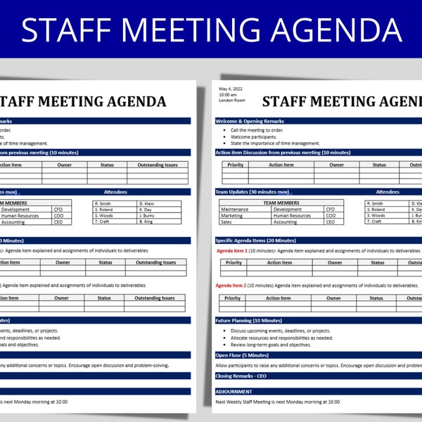 Staff Meeting Agenda Template | Agenda Meeting Template | Meeting Minutes | HR Form | Staff Meeting Template