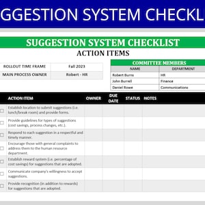 May include: A checklist for a suggestion system with action items, owner, due date, status, and notes. The committee members are listed with their names and departments. The rollout time frame is Fall 2023.