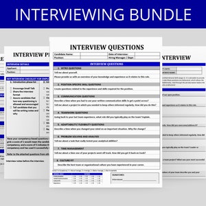 May include: A set of printable interview question templates for conducting job interviews. The templates include sections for intro questions, position-specific questions, communication questions, teamwork questions, adaptability questions, problem-solving questions, time management questions, and culture fit questions.