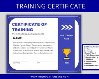 Editable Training Certificate Template: Employee Recognition (Digital Download)