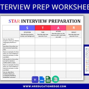 STAR Method Interview Worksheet: Interview Preparation, Behavioral Questions, Interview Answers, Job Seeker Workbook, Excel, Google Docs