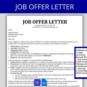 Plantilla de carta de oferta de trabajo: Contrato de empleado editable (descarga digital en MS Word y Google Docs)