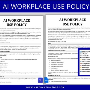 May include: A digital document titled "AI Workplace Use Policy" with a blue and white design. The document outlines guidelines for using AI tools in the workplace. Features include editable/printable formats, customizable options, and instant digital download.