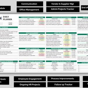 May include: An admin daily planner with a green and white design. The planner includes sections for daily schedules, correspondence, office management, and vendor management. It also has sections for goals, priorities, and action items.