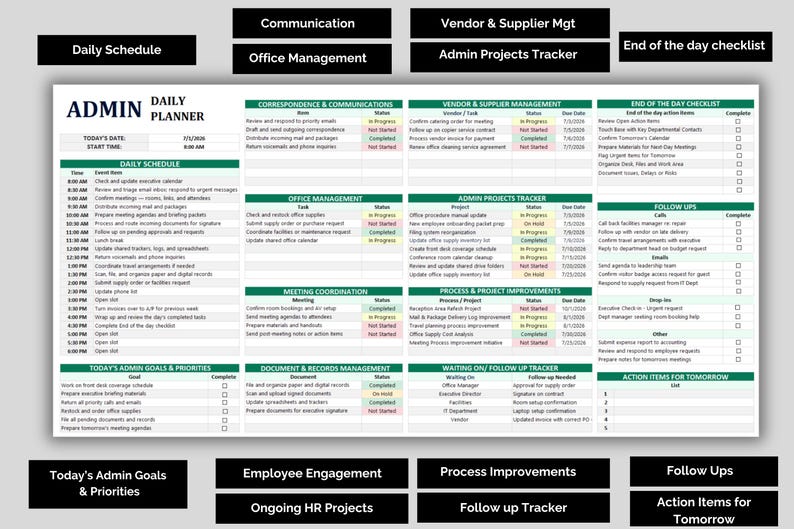 May include: An admin daily planner with a green and white design. The planner includes sections for daily schedules, correspondence, office management, and vendor management. It also has sections for goals, priorities, and action items.