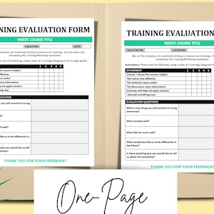 May include: A black and white training evaluation form with the title "Training Evaluation Form". The form includes sections for the facilitator, course title, location, date, statements, and evaluation questions. The form uses a 1 to 5 rating scale for the statements.