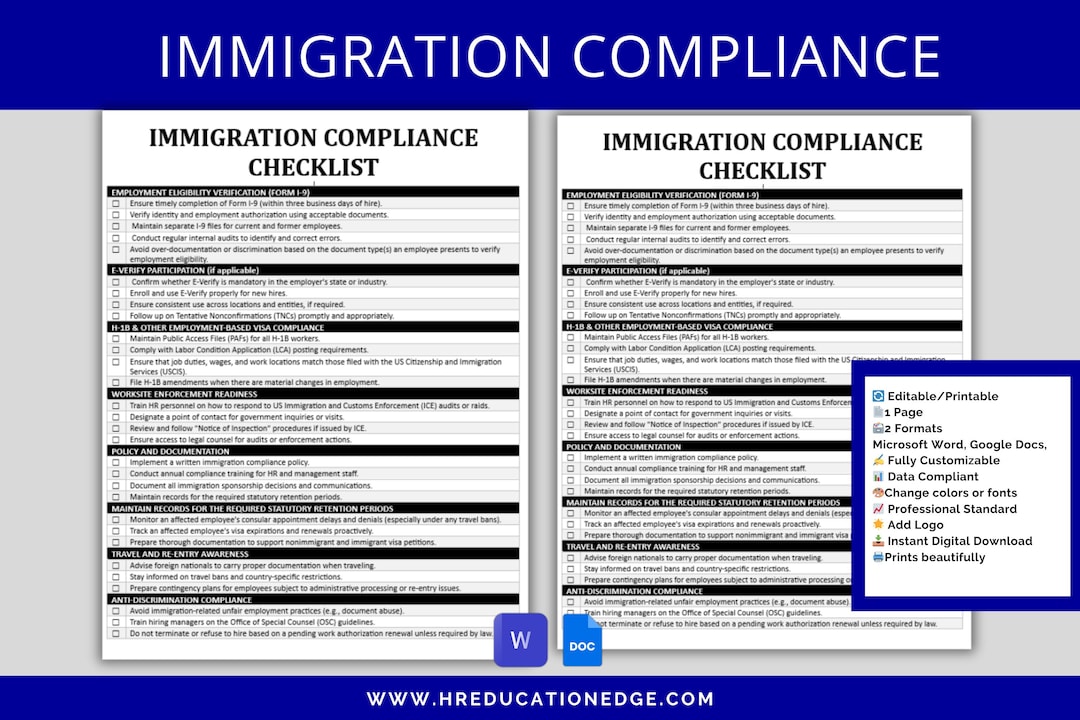 Immigration Checklist.pdf HR Immigration Compliance Checklist: I-9, E-verify, H-1B Tracking ...