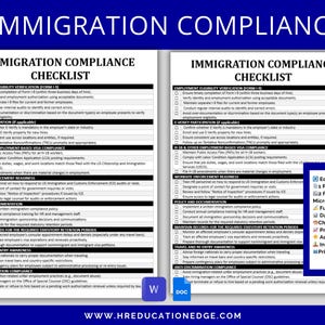 May include: Two checklists titled "Immigration Compliance Checklist" are displayed side-by-side. The checklists are black and white with a blue header. A blue box on the right lists features like "Editable/Printable" and "Data Compliant".