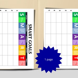 May include: A printable worksheet with two pages for setting SMART goals. Each page has a grid with five columns and five rows. The acronym SMART is written vertically on the right side of each page, with each letter representing a different goal-setting criterion: Specific, Measurable, Attainable, Realistic, and Timely. Each letter is in a different color, and there is a question next to each letter to help users define their goals.