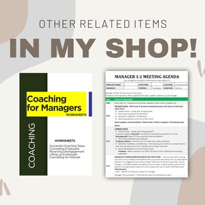 May include: Two printable documents for managers. The first is a yellow and black document titled "Coaching for Managers" with the subtitle "Worksheets". The second is a white document titled "Manager 1:1 Meeting Agenda".
