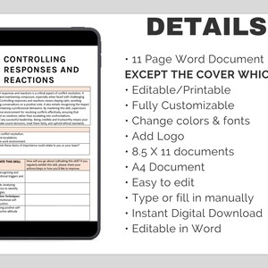 May include: A digital download of an 11-page Word document with a PDF cover titled "Controlling Responses and Reactions". The document is fully customizable and includes information about conflict resolution, importance, and exercises to cultivate this skill.