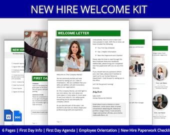 May include: A multi-page new hire welcome kit document set featuring a welcome letter with a photograph of a person, a first day agenda, employee orientation details, and a new hire paperwork checklist with text in English throughout the pages.