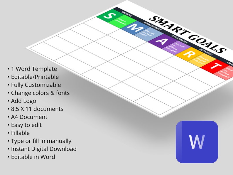 May include: A printable SMART goals worksheet with a grid for setting goals. The worksheet is divided into five columns: Specific, Measurable, Attainable, Realistic, and Time-Bound. Each column has a corresponding color: green, blue, purple, red, and yellow. The worksheet is labeled "SMART Goals" in black text. The word "SMART" is in large, bold, black letters. The worksheet is designed to help people set and achieve their goals.