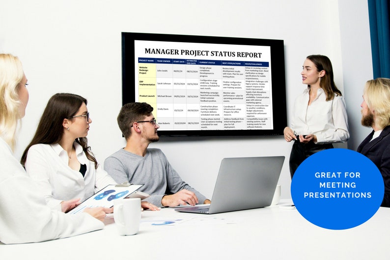 May include: A group of people are gathered around a table, looking at a large screen displaying a "Manager Project Status Report". The report includes project names, team owners, start dates, estimated completion dates, current status, next steps, and challenges. The screen is mounted on a wall in a modern office setting.