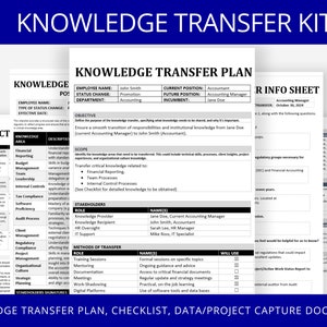 Puede incluir: Un kit de transferencia de conocimiento para empresas. El kit incluye un plan de transferencia de conocimiento, una lista de verificación y documentos de captura de datos/proyectos. El plan incluye secciones para el nombre del empleado, el cambio de estado, el departamento, el puesto actual, el puesto futuro, el titular, el objetivo, el alcance, las partes interesadas, los métodos de transferencia y el uso.