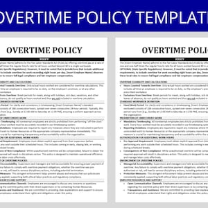 Może przedstawiać: Czarno-biały dokument z tytułem "Szablon polityki dotyczącej nadgodzin" w pogrubionym, dużym foncie. Dokument przedstawia politykę dotyczącą nadgodzin dla pracowników, w tym kwalifikowalność, obliczenia i procedury egzekwowania.