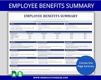 Employee Benefits Summary Template: One Page HR Benefit Guide, Company Plan Overview, New Hire Package, Open Enrollment