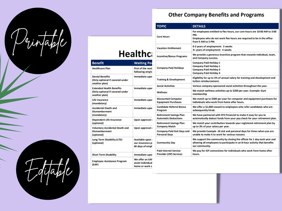 Employee Benefits Template Editable Word Template Etsy Employee Benefits Template Editable Word Template Etsy