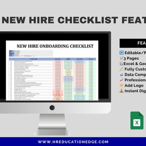 May include: A computer screen displaying a new hire onboarding checklist with 100+ lines. The checklist is organized into columns for action items, due dates, owners, function, and status. The checklist is editable and printable, and it is available in Excel and Google Sheets formats. The checklist is fully customizable, data compliant, and meets professional standards. The checklist also includes an option to add a logo and is available for instant digital download.