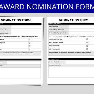 Può includere: Un modulo di nomina per un premio in bianco e nero con due colonne. Il modulo include campi per i dettagli della nomina, come la data di nomina, il nome del dipendente, il dipendente nominato e la categoria del premio. Il modulo include anche una sezione per il team di nomina per fornire le proprie note.