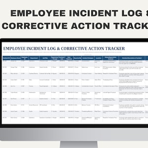 Puede incluir: Un monitor de computadora que muestra una hoja de c&aacute;lculo titulada Employee Incident Log & Corrective Action Tracker. La tabla incluye columnas para ID de incidente, nombre del empleado, ID, departamento, puesto, supervisor y descripci&oacute;n.