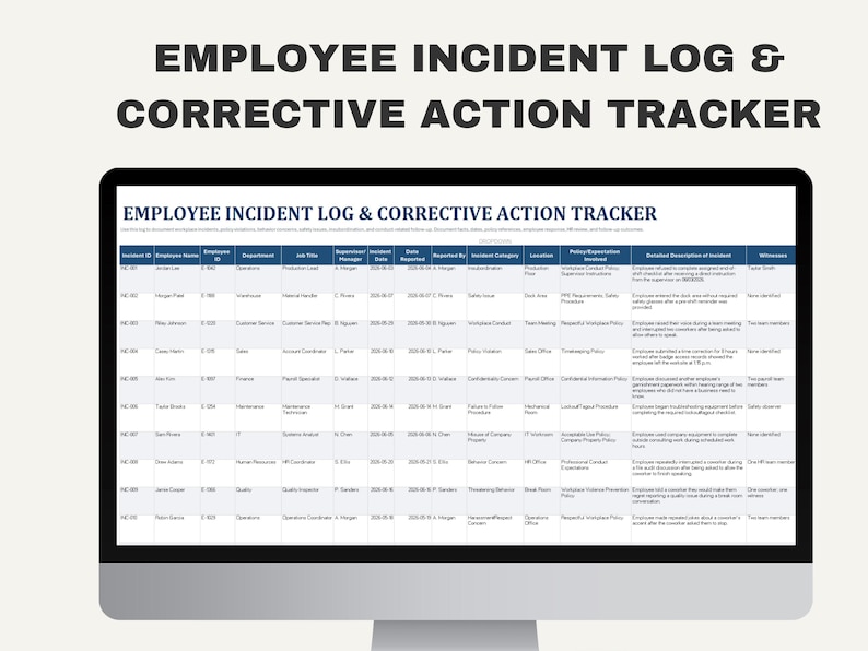 Puede incluir: Un monitor de computadora que muestra una hoja de c&aacute;lculo titulada Employee Incident Log & Corrective Action Tracker. La tabla incluye columnas para ID de incidente, nombre del empleado, ID, departamento, puesto, supervisor y descripci&oacute;n.