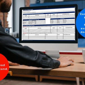 May include: A person working on a computer with a spreadsheet on the screen. The text on the screen says "Easy to edit in Microsoft Word, Microsoft excel, google docs & sheets".