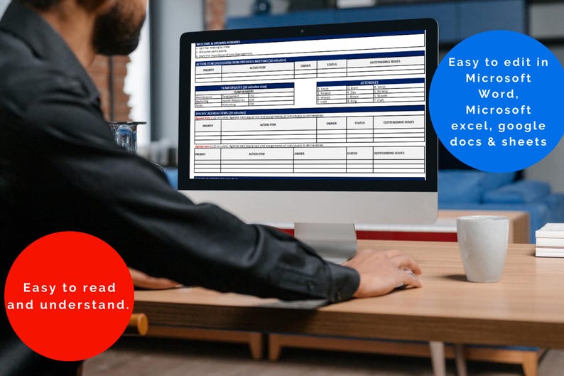 May include: A person working on a computer with a spreadsheet on the screen. The text on the screen says "Easy to edit in Microsoft Word, Microsoft excel, google docs & sheets".
