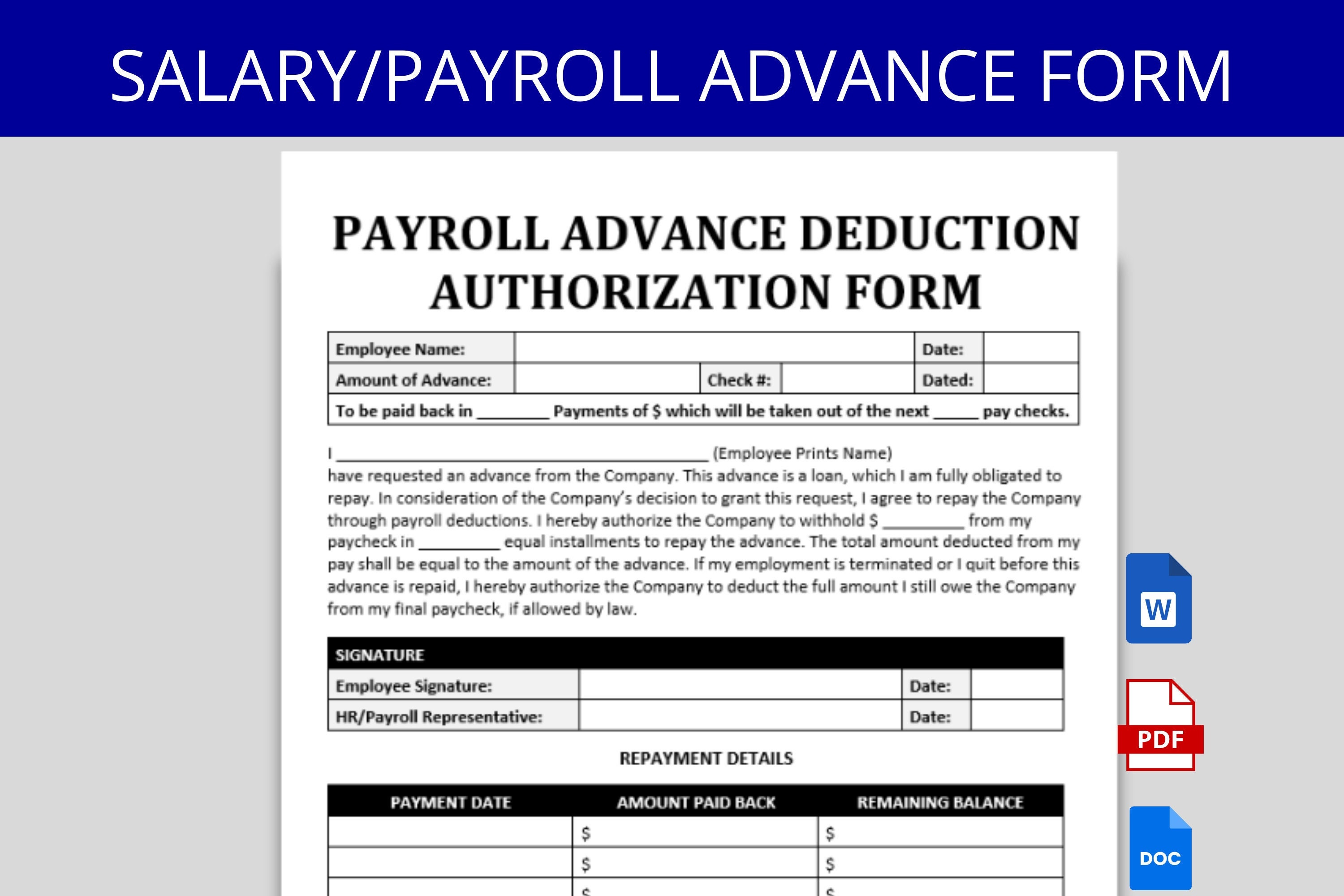 Payroll Advance Authorization Form: Loan Deduction Agreement (Word, PDF, Google Doc)