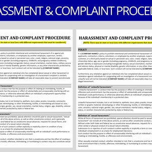Może przedstawiać: Dwustronny dokument opisujący politykę firmy dotyczącą molestowania i procedur składania skarg. Dokument zawiera definicje molestowania niezgodnego z prawem i molestowania seksualnego oraz zauważa, że ​​ustawy stanowe lub lokalne mogą mieć różne wymagania.