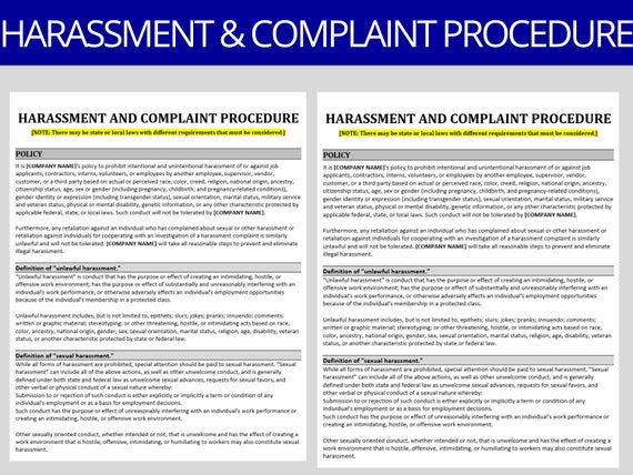 Harassment & Complaint Policy Template: MS Editable Word | HR Employment Policies and Procedures